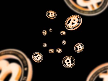 Kripto para birimi geçmişi. Düşen Altın Bitcoin siyah üzerine izole. Düşen para kavramı