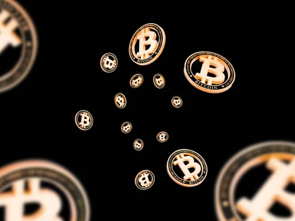 Litecoin. Złote Bitcoiny na czarno. Złota koncepcja kryptowaluta. Spadające tło. — Zdjęcie stockowe
