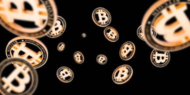 Bitcoin işi. Siyah üzerine düşen altın sikkeler. Litecoin, Ethereum Kripto para birimi arkaplanı.