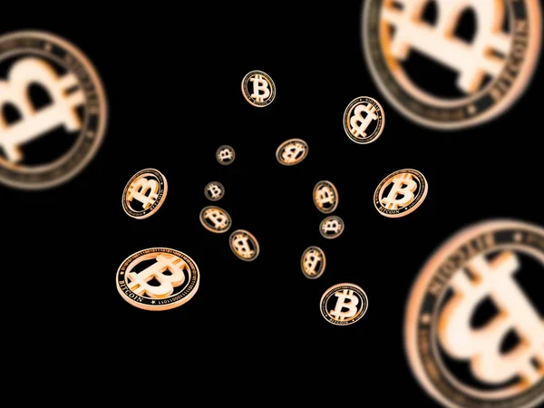 Litecoin. Złote Bitcoiny na czarno. Złota koncepcja kryptowaluta. Spadające tło. — Zdjęcie stockowe