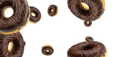 Jöleli şeker. Beyaz arka planda uçuşan çikolatalı taze çörekler..