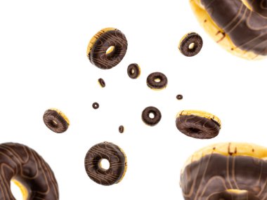 Uçuş geçmişi. Düşen çikolatalı çörekler beyaza izole edilmiş. Jöleli şekerleme..