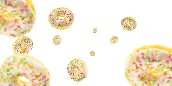 Glasierte Streusel. Schokolade süße frische Donuts in Bewegung fliegen auf weißem Hintergrund. — Stockfoto
