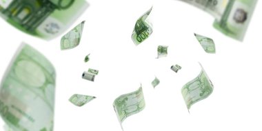Euro money falling cash. European banknotes isolated on white background.