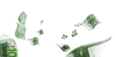 Euro money falling cash. European banknotes isolated on white background.