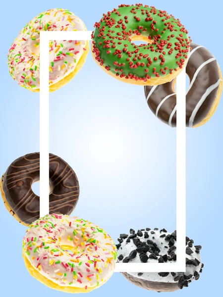 Vliegend koekje. Ronde zoete donuts in beweging vliegend op blauwe achtergrond. Kader voor tekst. — Stockfoto