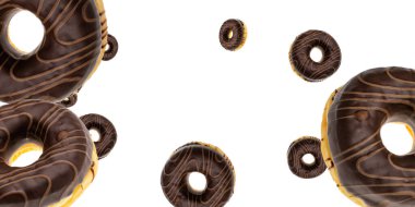 Lezzetli hamur işi kahvaltı. Uçan kurabiye. Yuvarlak tatlı çörekler beyaz arka planda uçuyor