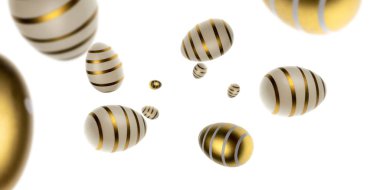 Mutlu Paskalyalar. Beyaz üzerine izole edilmiş altın rengi parlak yumurtalar. Tebrik kartı, promosyon, poster, broşür, internet afişi, makale