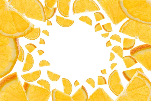 Orange fruit texture background. Citrus fruit tangerine flying on white. Fresh food concept. — Stock Photo, Image