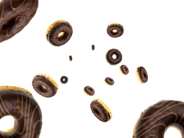 Donut cookies. Chocolate glazed sweet doughnut in motion falling on white background. Sweet icing sugar food. — Stockfoto