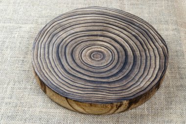 Tree trunk rings. Wooden oak tree cut surface on Linen background. Stump ring log texture