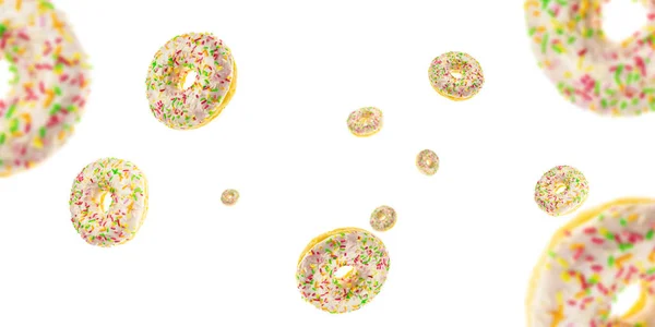 Baked unhealthy round. Falling chocolate donuts isolated on white. — Stock Photo, Image