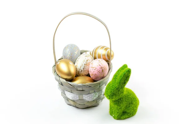 Easter eggs bunny. Colorful shine decorated eggs in basket isolated on white. Happy Easter — Stock Photo, Image