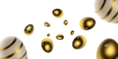 Beyaz üzerine düşen Paskalya altın yumurtaları. Tebrik kartı tasarımı. Poster ya da broşür için..