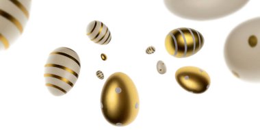 Mutlu Paskalyalar. Beyaz üzerine izole edilmiş altın rengi parlak yumurtalar. Tebrik kartı, promosyon, poster, broşür, internet afişi, makale