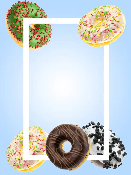 Chocolate sweet fresh donuts in motion flying on blue background. Frame for text Dessert Chocolate snack — 图库照片