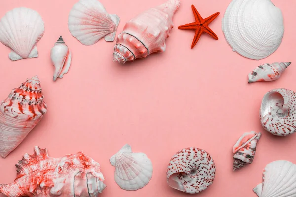 Summer background beach with shells and starfish in shape frame isolated on trendy Living Coral pastel color backdrop. Top view travel or vacation concept — Stock Photo, Image