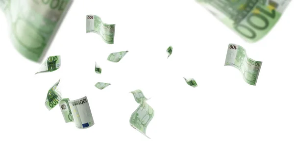 Monety euro spadające banknoty. Europejskie pieniądze na białą izolację. — Zdjęcie stockowe