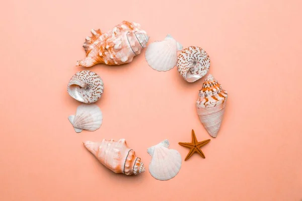 Summer background beach with shells and starfish in shape frame isolated on trendy orange pastel color backdrop. Top view travel or vacation concept — 스톡 사진