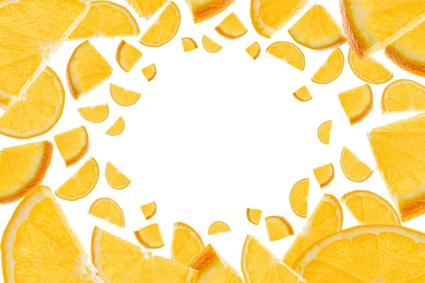 Orange slice isolated. Citrus fruit tangerine falling in air. Selective focus. — Stock Photo, Image