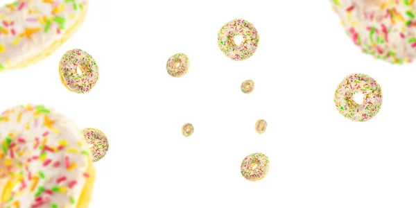 Flying cookie. Round sweet doughnuts in motion flying on white background — Stock Photo, Image