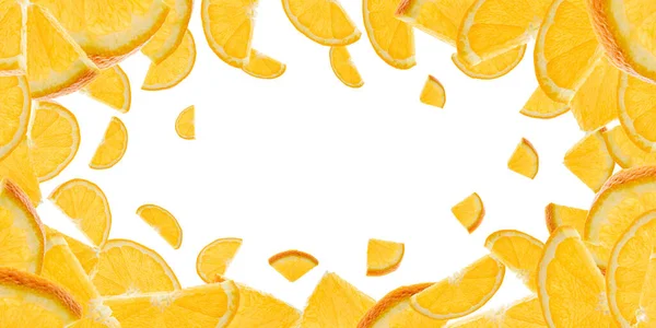 Orange fruit isolated. Citrus tangerine slices flight in air. Falling background. — Stock Photo, Image