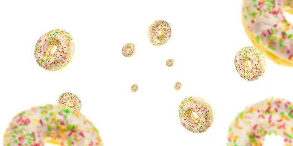 Flying background. Falling chocolate donuts isolated on white. Glazed sprinkles. — Stock Photo, Image