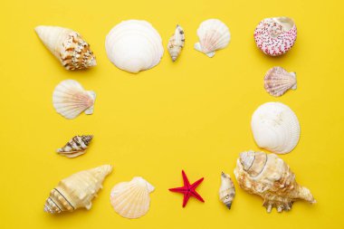 Mermi izleri. Sarı Deniz Kumu, deniz yıldızı ve deniz kabuğu şeklinde. Yaz dönemi. Kopyalama alanı olan üst görünüm.