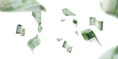 Para yığını. Düşen banknotlar. Beyaz izolasyon geçmişi üzerine Avrupa parası.