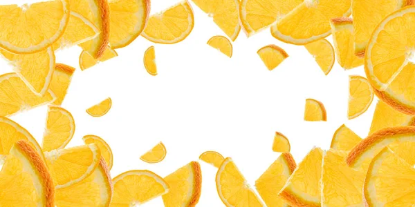 Orange fruit isolated. Citrus tangerine slices flight in air. Falling background. — Stock Photo, Image