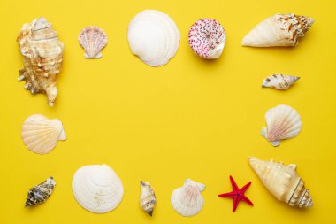 Merhaba Summer sarı arkaplanlı kırmızı denizyıldızı mesajı. Merhaba yaz tatili konsepti düz poster konsepti.