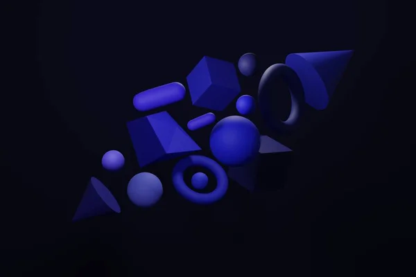 3D pozadí modré kostky, koule, kužely, torus tvary abstraktní geometrické pozadí. Létající polygonální koule v prázdném prostoru. Futuristické pozadí s efektem bokeh. Design plakátů — Stock fotografie