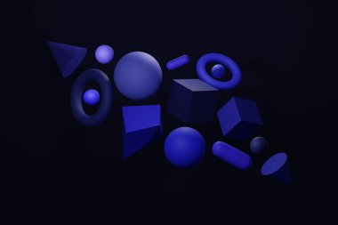 Mavi soyut 3D render arkaplan, mavi geometrik şekiller. Bilgisayar, küp, top, koni ve torus içeren minimalist bir arkaplan oluşturdu. Poster kapağı afişi için modern tasarım