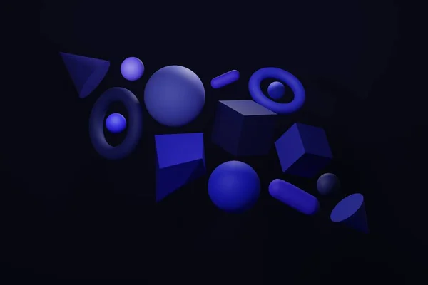 Modré abstraktní 3D vykreslování pozadí, modré geometrické tvary. Počítač generoval minimalistické pozadí s kostkami, míčky, kužely, torus. Moderní design pro plakátový obal značkový plakát — Stock fotografie