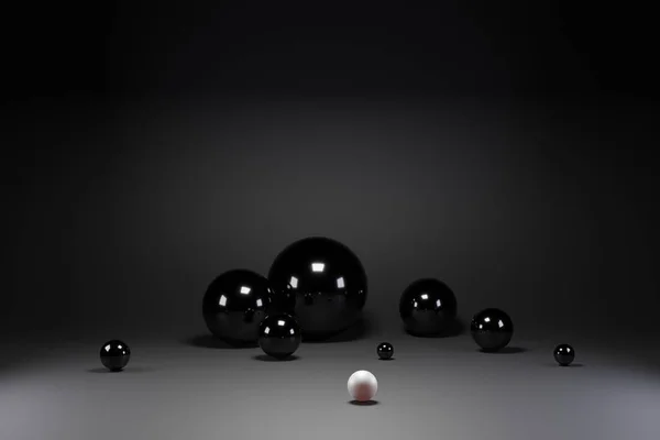 Alakok 3D elvont geometriai háttér. Fekete golyók, fehér gömbök 3d render. Repülő sokszögű gömbök az üres térben. Futurisztikus háttér bokeh effektussal. Plakáttervezés — Stock Fotó