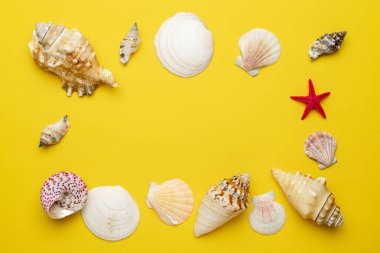 Deniz yıldızları ve deniz yıldızlarıyla kaplı yaz sahili sarı arka planda izole edilmiş. Üst görünüm seyahat veya tatil kavramı