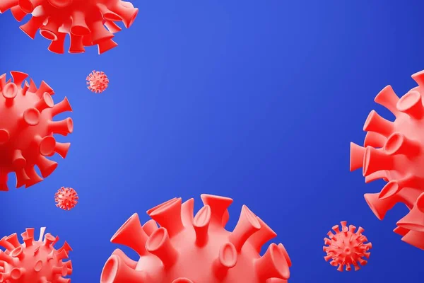 Gripe antecedentes de virus de células del virus COVID-19. China patógeno respiratorio coronavirus 2019-ncov gripe brote 3D médico render. Fondo con células realistas de virus azul 3d —  Fotos de Stock