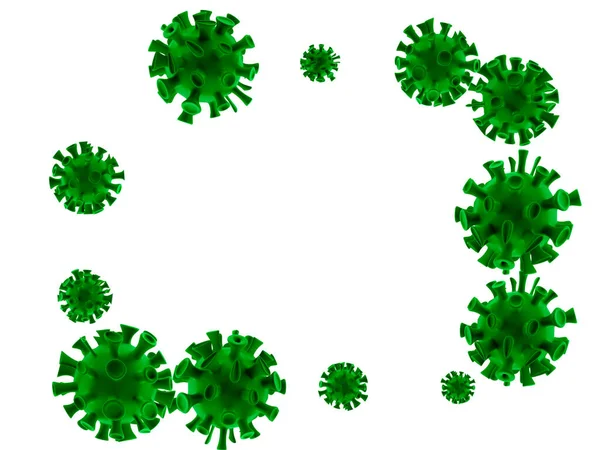 Coronavirus-Krankheit. 3D-Rendering COVID-19 Infektion medizinischen Hintergrund. Gefährliches asiatisches ncov-Coronavirus, SARS-Pandemierisikokonzept. Mikroskopischer Blick auf grüne schwimmende Grippevirus-Zellen — Stockfoto