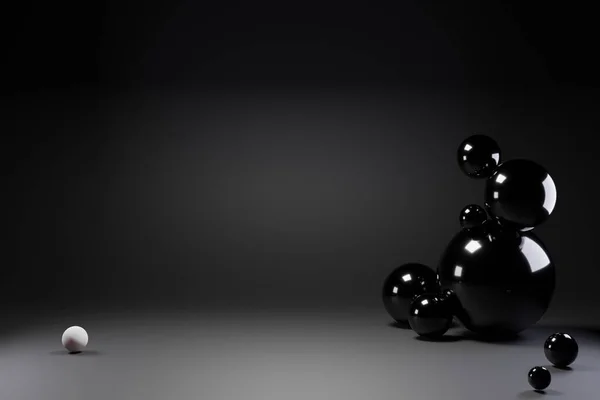 Czarny abstrakcyjny tło 3d renderowania. Komputer wygenerował minimalistyczne tło z kulkami geometrycznymi, białą kulą. Nowoczesny design plakatu okładka plakat baner tabliczka. — Zdjęcie stockowe