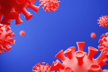 Coronavirus hastalığı. 3D görüntüleme COVID-19 enfeksiyon tıbbi geçmişi. Tehlikeli Asya Ncov Corona virüsü, SARS salgın risk konsepti. Mavi yüzen grip virüsü hücrelerinin mikroskobik görüntüsü