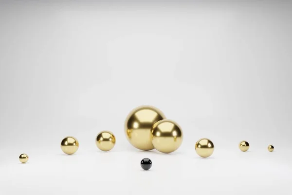 Formen 3D abstrakten geometrischen Hintergrund. Goldene Kugeln, weiße Kugeln. Fliegende polygonale Kugeln im leeren Raum. Futuristischer Hintergrund mit Bokeh-Effekt. Plakatgestaltung. — Stockfoto