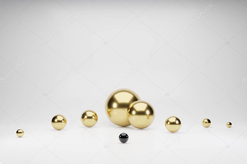 Shapes 3d abstract geometric background. Golden balls, white spheres rendering. Flying polygonal spheres in empty space. Futuristic background with bokeh effect. Poster design.