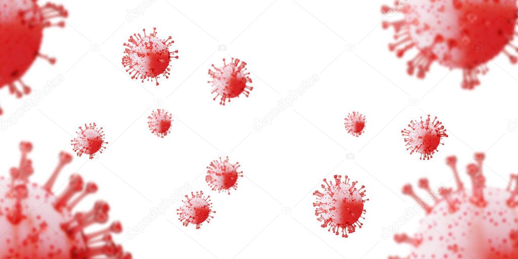 Coronavirus disease. 3D render COVID-19 infection medical background. Influenza as white dangerous flu strain cases as pandemic medical health risk concept.China pathogen respiratory covid virus cells