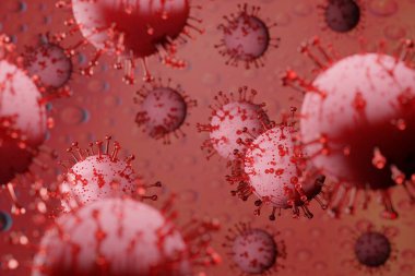 Coronavirus hücre Covid-19 salgını. 3D 'nin Influenza geçmişini tehlikeli grip vakaları olarak göstermesi pandemik bir sağlık riski konseptidir.