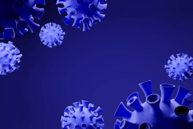 Coronavirus hücre Covid-19 salgını. 3 Boyutlu Influenza geçmişi, mavi tehlikeli grip türleri vakalarını pandemik bir sağlık riski konsepti olarak gösteriyor. Uçan Çin patojeni