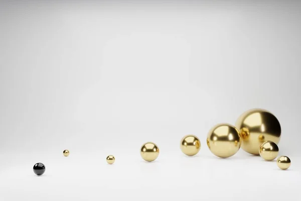 3D achtergrond gouden vormen bollen. Vliegende abstracte geometrische veelhoekige ballen in lege ruimte. Futuristische achtergrond met bokeh effect. Ontwerp van affiches. — Stockfoto