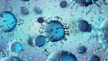 Coronavirus hücre Covid-19 salgını. 3 Boyutlu Influenza geçmişi, mavi tehlikeli grip türleri vakalarını pandemik bir sağlık riski konsepti olarak gösteriyor. Uçan Çin patojeni