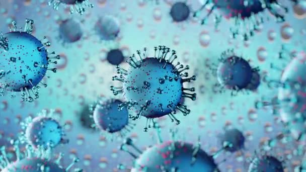 Coronavirus hücre Covid-19 salgını. 3 Boyutlu Influenza geçmişi, mavi tehlikeli grip türleri vakalarını pandemik bir sağlık riski konsepti olarak gösteriyor. Uçan Çin patojeni — Stok video