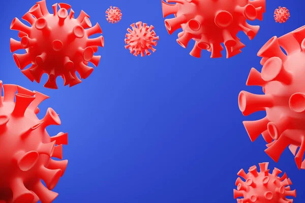 Gripe antecedentes de virus de células del virus COVID-19. Brote de coronavirus infección gripal 3D render. Concepto de riesgo para la salud médica pandémica Flotante China patógeno influenza respiratoria virus covid —  Fotos de Stock