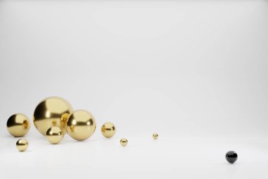 Altın soyut afiş, 3D render geometrik şekiller arkaplan. Beyaz arka planda siyah toplar. Bir logo, el ilanı veya sunum dizaynı için şablon.